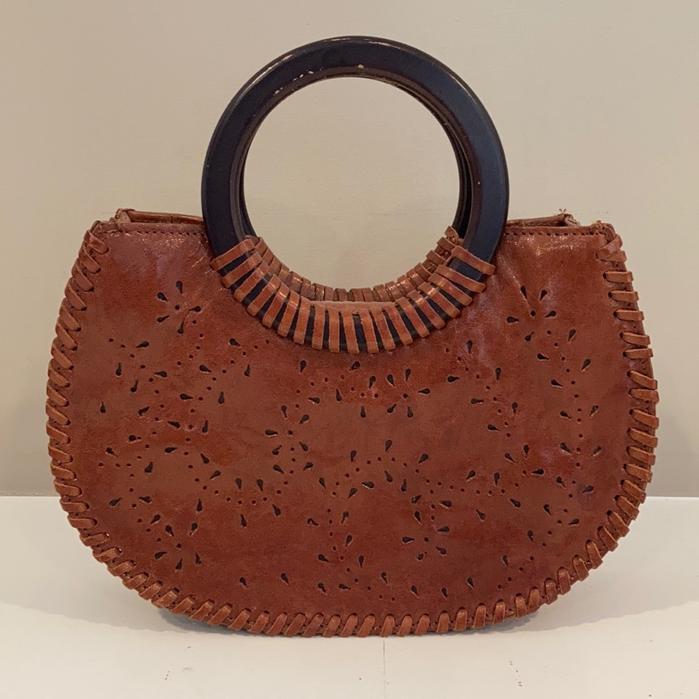 Kenneth Cole brown leather purse wooden handle